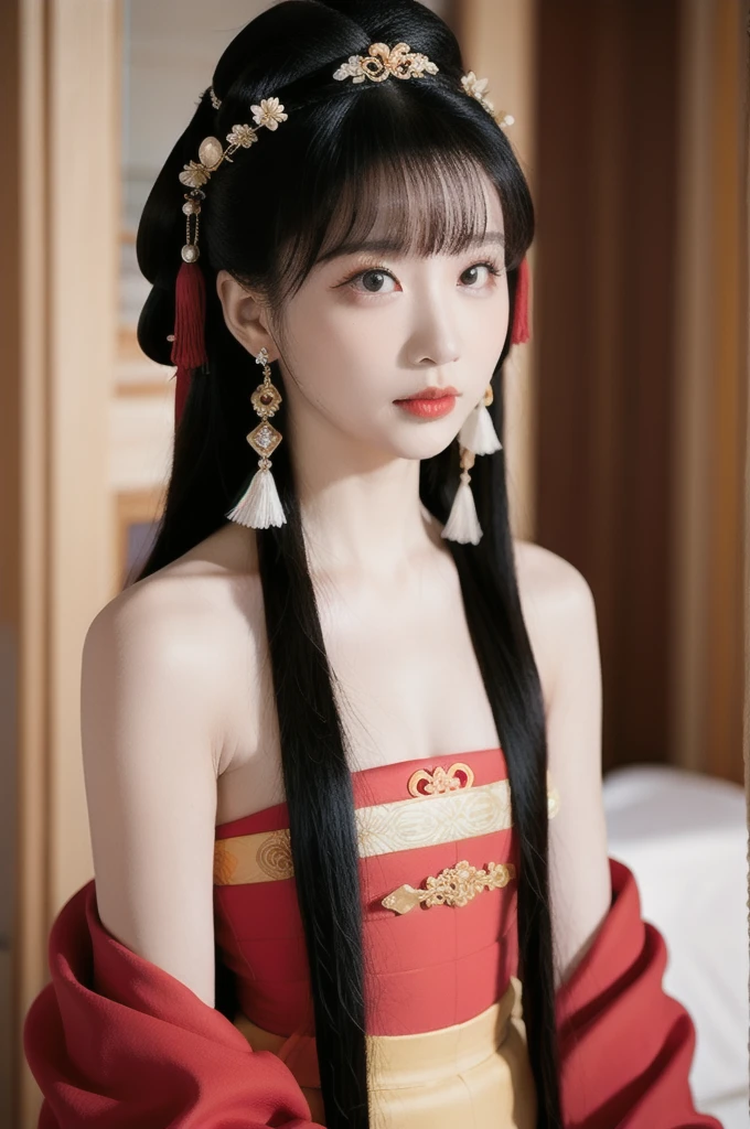 manganese,1 girl,solitary,Jewelry,earrings,actual,Black Hair,black eyes,Vague background,long hair,Vague,whole body,Hair accessories,Lips,Chinese clothes,shut up,