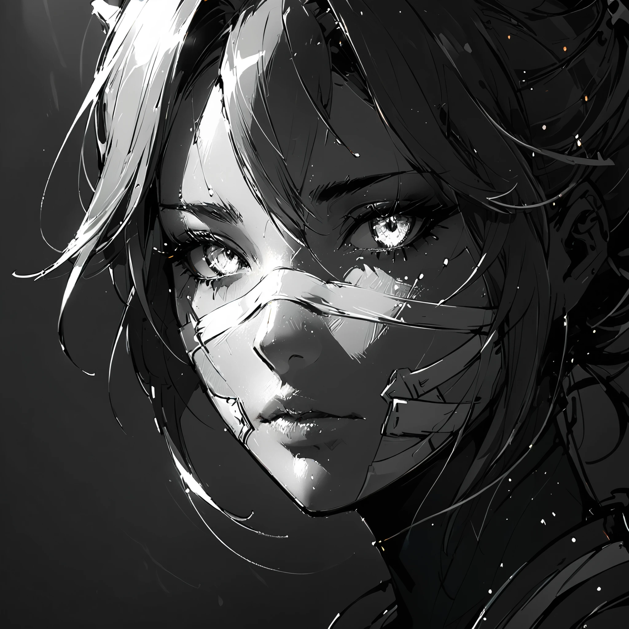 in style of Benedick Bana,character concept design,(sarashi:1.2),(bandages:1.2),(1girl:1.2),(sketch:1.2),(outline:1.3),greyscale,(close-up of the face:1.3),contour_deepening,(rim light:1.3),
BREAK
a strong contrast between darkness and light,pencil sketch,