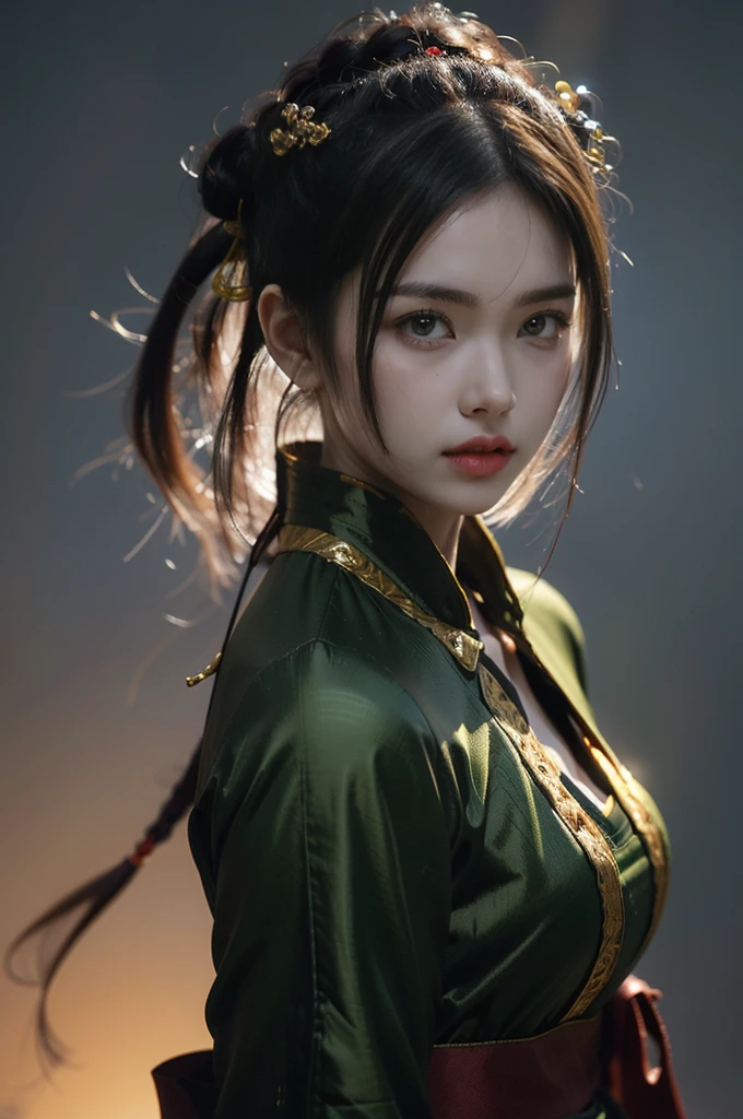 Game Art，Best picture quality，Maximum resolution，8K，(A bust photo)，(Half-length portrait:1.5)，(Head close-up)，(Rule of Thirds)，Unreal Engine 5 rendering works， (Future Girl)，(Female Warrior)， 
20-year-old girl，(ancient chinese warrior)，Eyes full of details，(Large Breasts)，Elegant and noble，indifferent，(brave)，
(Chinese martial arts element costumes，Character costumes，Random patterns for clothes，Ribbon，Combined Armor，Rich clothing details，)Chinese Characters，Fantasy style，
Photo poses，Field background，light，Ray Tracing，Game CG，((3D Unreal Engine))，oc rendering reflection pattern