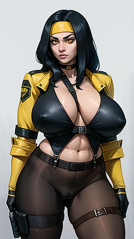 (((Cabelo longo))) black hair yellow eyes pale skin muscular girl huge jacket, holster, gun holster, bondagechoker, headband, pantyhose, har