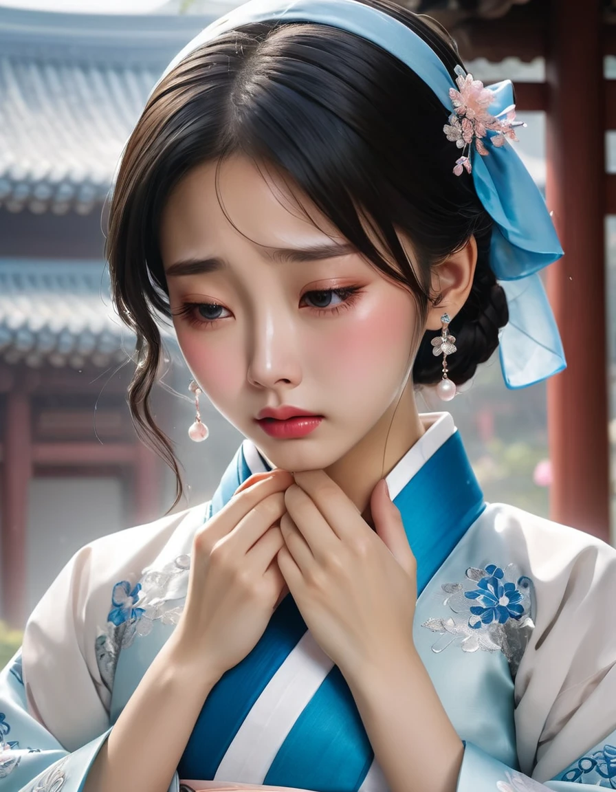 （Beautiful face of crying Chinese girl covering her face with a handkerchief）, （With many, Her eyes were filled with tears：1.3），（Eyes filled with tears）（Bow slightly），（Cover your face with your hands and cry），Pearl ear-rings, long eyelashes and pink lips, Close-up of face, cleanface, Round chin, blue eyes, Blue embroidered hanbok, White background. Explanation, 3d rendering, Bright colors and exquisite details, as illustration poster, 2D game art style, Color proofing, HD, 32k ,Disney，