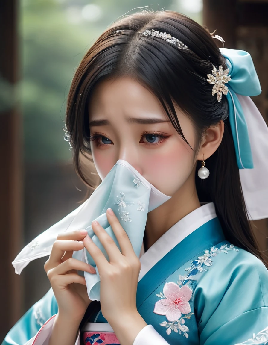 (Beautiful face of crying Chinese girl covering her face with a handkerchief), (With many, Her eyes were filled with tears:1.3),(Eyes filled with tears)(Bow slightly),(Cover your face with your hands and cry),Pearl ear-rings, long eyelashes and pink lips, Close-up of face, cleanface, Round chin, blue eyes, Blue embroidered hanbok, White background. Explanation, 3d rendering, Bright colors and exquisite details, as illustration poster, 2D game art style, Color proofing, HD, 32k ,Disney,