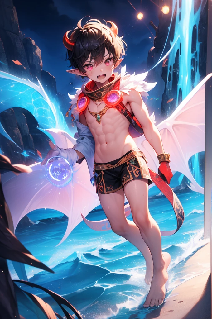 (((Masterpiece))), (((Best Picture Quality))), High Quality, (((Rich and Vivid Colors))), ((Abundant Details)), (Ultra-High Resolution), 8K Resolution, Exquisite Imagery, (((Strong Perspective, Intense Visual Impact))). Anime Style, Manga Style, Illustrations, Original Art, CG. Depth of Field, Eye Level, (Full Body Shot, Full Body Standing Illustration), (Pure White Background). (((Solo))), (Handsome Guy, Cool and Dashing, Beautiful Young Man, Boy), Warrior and Swordsman Classes, ((Male Protagonist Attire, Male Lead)), Pale and Delicate Skin, (Protagonist's Face), Hedgehog Hairstyle, Devil Horns, (Blue Short Hair), (Purple Tips), Lively and Spirited (Bangs), Under Thick Eyebrows (Refined Facial Features, Perfect Face), Watery, Bright and Expressive ((Golden Glowing Eyes)), a Pair of Elf Ears, Half (Devil Wings) Growing from Behind, and (Devil Tail). He Maintains a Combat Stance, (Battle-Weary) He, with Particularly Noticeable (Wounds) on His Body, (Gloves and Bracers) in Tatters, Excited Expression, Tense Demeanor, Face and Body Covered with (Beads of Sweat), Mouth Slightly Open Revealing (Fangs), (Barefoot), Holding a Sharp Sword, Charging Forward, (Red Crystal Pendant) Around His Neck, and the Blouse Fluttering in the Wind Revealing (Lean Physique), Sexy and Firm (Abs), (Navel). Surrounded by Luminous Blue (Lightning and Gases), Floating Nearby are Condensed (Crystals), and (Flames), Above His Head Appears a Huge Purple-Red Magical (((Magic Circle))).