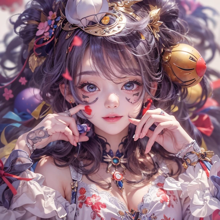 Hiding in the castle、Hair flow、 ((highest quality、masterpiece、8k、Best image quality、Ultra-high resolution、Award-winning works)、(Accurate anatomy:1.1)、(Look at me and smile:1.1)、Shining fair skin with Ultra-high resolution、The most detailed face、Ultra-high resolution detailed face、Ultra-high resolutionの髪の毛、(Ultra-high resolutionの煌めく瞳:1.1)、Beautiful face drawn in every detail、(Blurred Background:1.1)、Cheerful clown costume, Chest to chest, tattoo,、Clown Makeup、Holding a masquerade mask