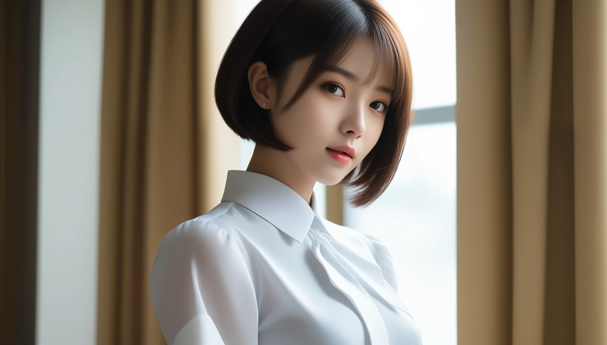 8k, Ultra-high resolution, highest quality, masterpiece, Surreal, photograph, 1 girl, (16 years old:1.3), pretty girl, Cute Face, Beautiful eyes in every detail, 細かくdetailedに,masterpiece,Japan Female Announcer,Dressed in maid uniform,She stood in a sophisticated room,There is a nice table in the room.,Soft sunlight shines through the curtains,Bob Cut Hair, Dynamic pose、 Sexy pose、See through 、Looking at the audience、beauty,Long neck、Laugh a little、Please close your mouth and laugh、(((Ideal body type))),A-cup small breasts :2,、Portraiture:2、Perfect Anatomy、鮮明なdetailed、detailed、Surreal、Light and shadow,Strong light,Fashion magazine cover,Thin lips