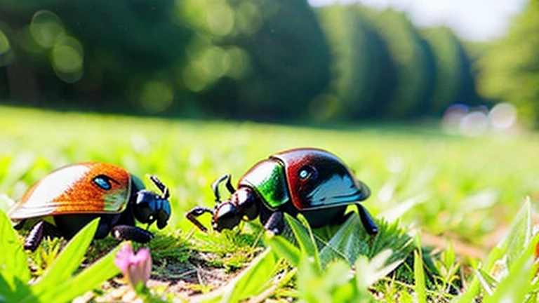 Children playing with beautiful beetles in the grassland、Children playing with beautiful beetles in the grassland、Colorful Mushiking