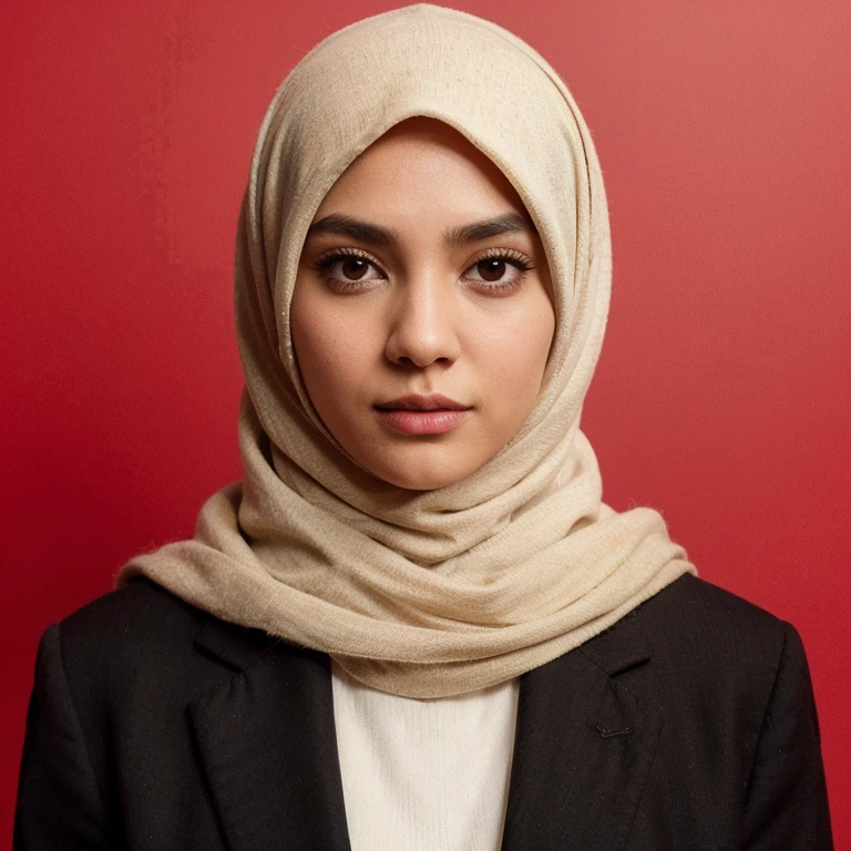 Photo of a young woman wearing a cream colored hijab, wearing black caps, authentic Indonesian face, photo size 4cm x 6 cm, fitting photo, straight facing the camera, red background, wearing a black blazer. Her hair is closed and her eyes are brown. He has thick eyebrows and thin lips. She is seen wearing natural, realistic, full HD makeup
