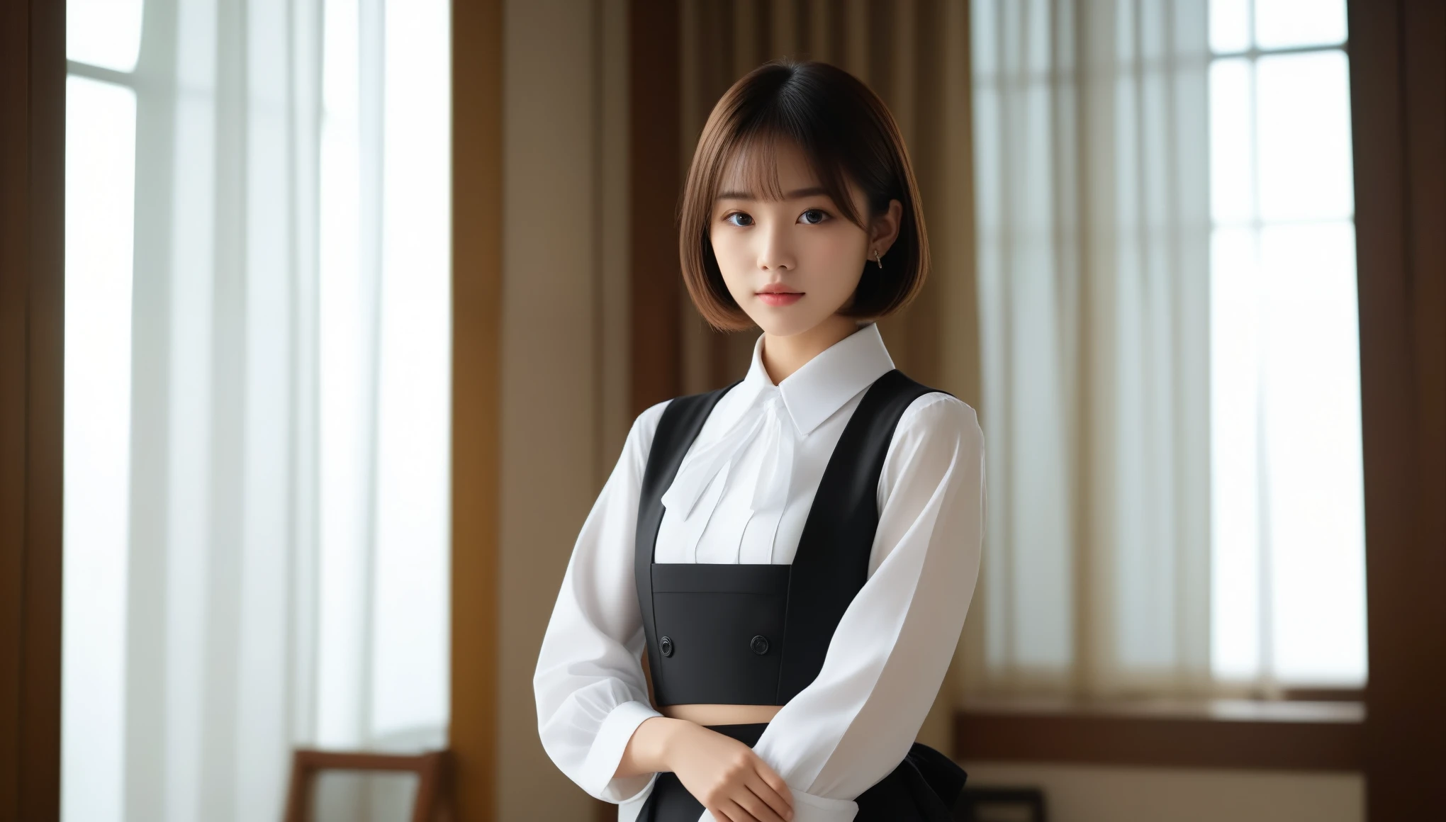 8k, Ultra-high resolution, highest quality, masterpiece, Surreal, photograph, 1 girl, (16 years old:1.3), pretty girl, Cute Face, Beautiful eyes in every detail, 細かくdetailedに,masterpiece,Japan Female Announcer,Dressed in maid uniform,She stood in a sophisticated room,There is a nice table in the room.,Soft sunlight shines through the curtains,Bob Cut Hair, Dynamic pose、 Sexy pose、See through 、Looking at the audience、beauty,Long neck、Laugh a little、Please close your mouth and laugh、(((Ideal body type))),A-cup small breasts :2,、Portraiture:2、Perfect Anatomy、鮮明なdetailed、detailed、Surreal、Light and shadow,Strong light,Fashion magazine cover,Thin lips