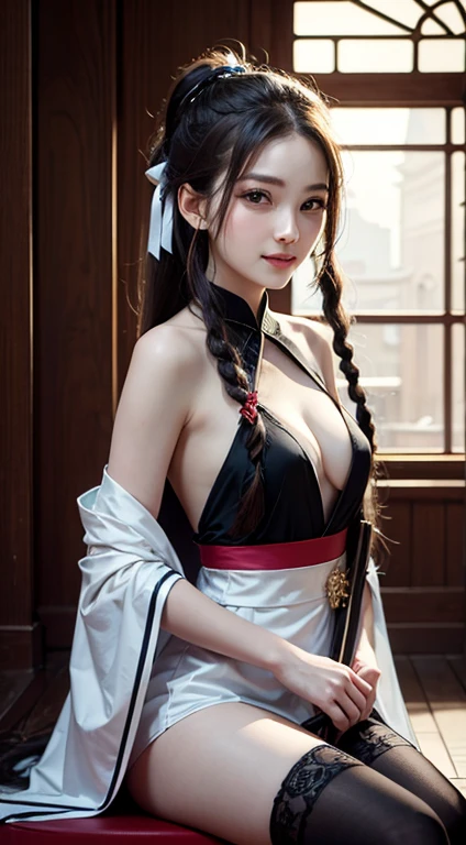 (masterpiece, best quality:1.2),Reality, high resolution, Soft Light,1 Woman, Solitary, Hip lift, View Viewer, (Delicate face), Smile,beautiful girl, Hanfu, east asian architecture,scabbard,architecture, Black over-the-knee stockings, Large Breasts,open chest,Show your shoulders,long hair,大long hair,(pigtail,Braids on both sides of the face), Upper Body, Jewelry, Extra long ribbon, legs open,sit