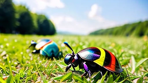 Children playing with beautiful beetles in the grassland、Children playing with beautiful beetles in the grassland、Colorful Mushiking