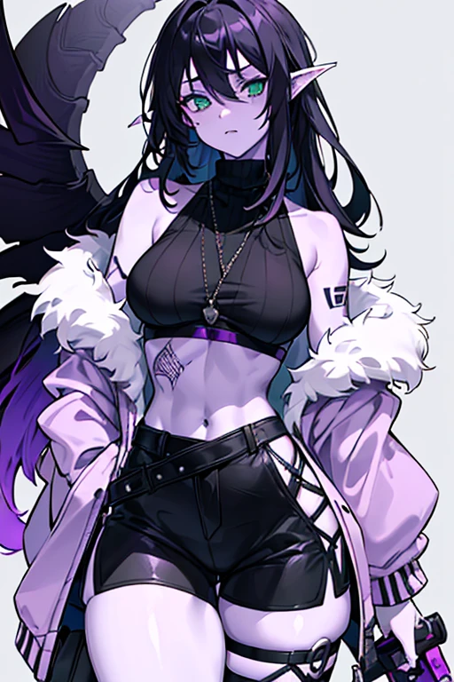 (guy with purple skin and tattoo), ((1guy)), black hair, crazy messy long hair, (green eyes), (thick thighs), solo, ((purple skin)), wide hips huge, thin waist, big trapeziusfur coat, black crop top turtle neck sweater with no arm sleeves, (holding weapon in the right), black and white horns, demonic, tiefling, shorts, sweater, jacket