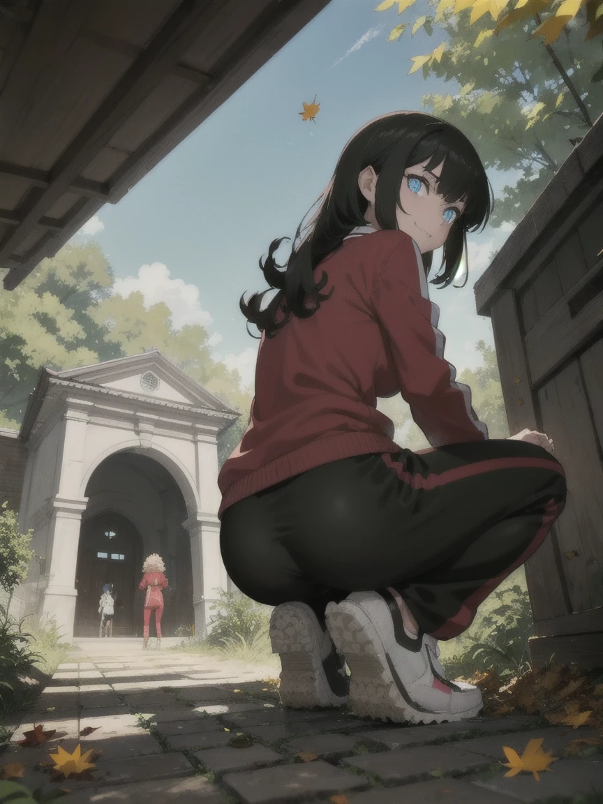 1girl,  angry,  curly hair, looking at viewer,(beautiful detailed blue eyes), (Persona:1.2),,  spread legs,(amagi_yukiko), squatting, (over size Colorful track suit pants),(), line off, smile, (((highlight in eyes))), (((small mat))), (((Narrow gravel road))), (thick outline), Mud road, ((Crouch on a muddy doormat)), (glowing eyes), (((Arch your back))), (from below:1.5), long weeds, (from behind:1.3), blue sky, (Stepping on fallen leaves:1.6)