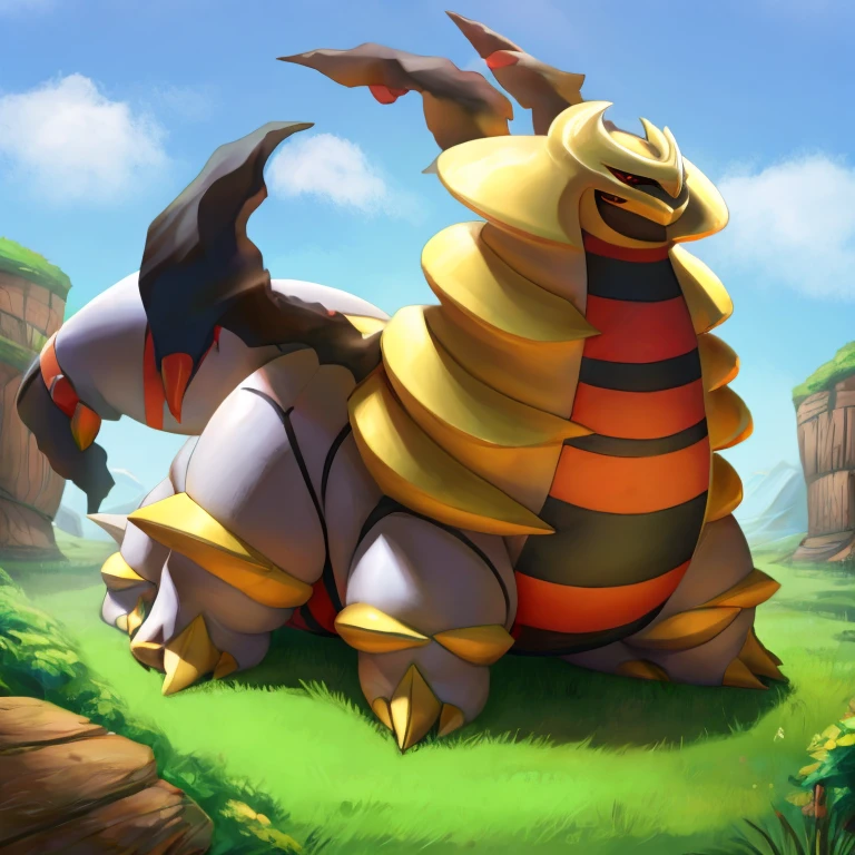 Pokemon obese giratina ,huge belly, full belly,, thick thighs, on all fours,