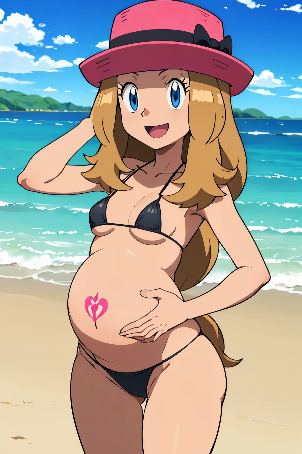 obra maestra, Mejor calidad, high resolution, al aire libre, 1 chica, Solo, serena (pokemon), sombreros rosas, bikini, microbikini, bikini negro, ropaajustada,, hombros descubiertos, mirando al espectador, embarazada, pregnant, sonrisa timida, rubor, senos medianos, pechos femeninos, sonrisa, manos en las caderas, de perfil, cuerpo de lado, acostada en la arena, lentes de sol, playa, fondo de playa, womb tatoo, sonrisa picara, mirada sugerente.