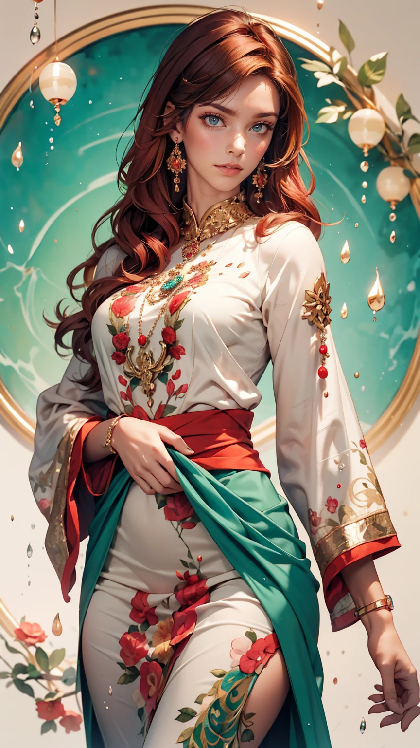 Caucasian woman with red hair and bright green eyes, Wear elegant party clothes, Scattered outlines and pastel colored background, Intricate details, Modest, watercolor, splash