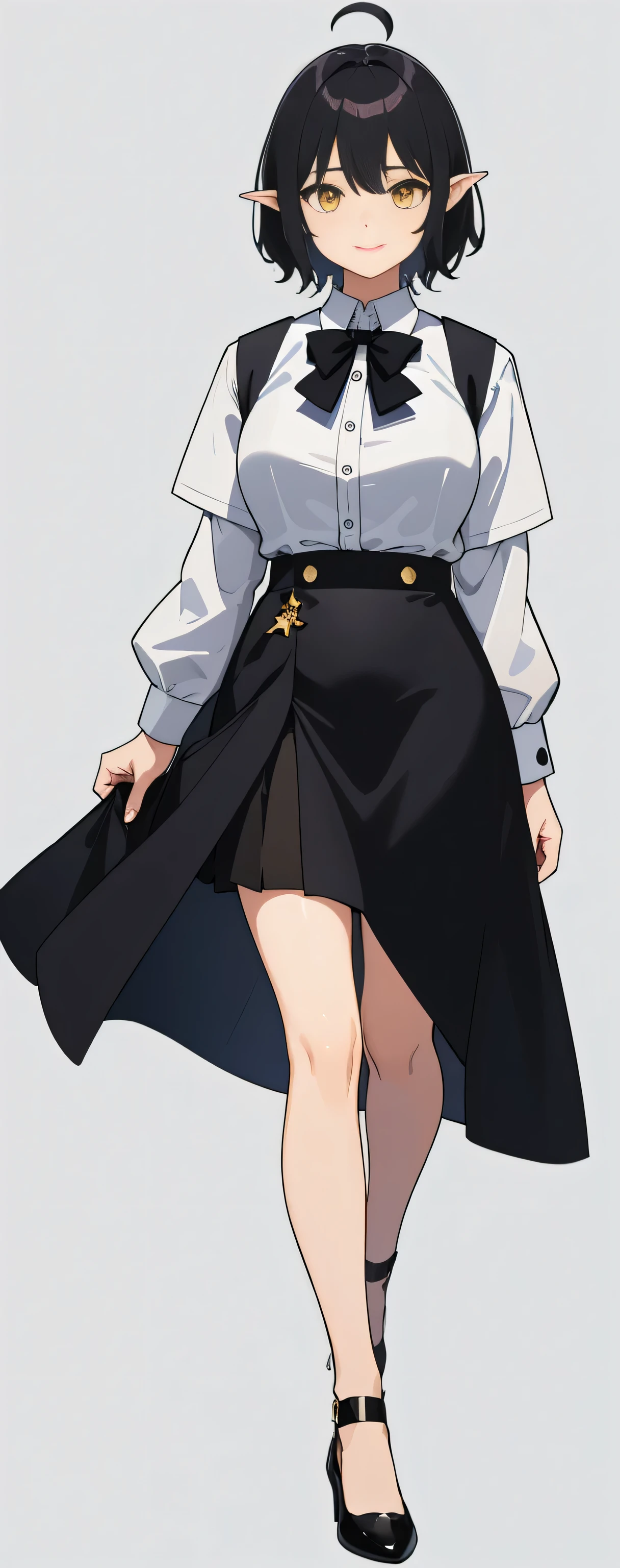 whole body,((upright)), ((Arms at your sides)), View Viewer, Simple Background、Simple white background, One Girl,alone、 Open your mouth, smile, Virtual YouTuber、With a girl、((highest quality, expensive_solve, clear_image)),(purplish-black hair), (Pointy Ears), (Ahoge), (Ridiculously Short Hair),(Short Hair), (Wavy Hair), (Yellow Eyes),、Laughter、Very large breasts,(Put shoes on your feet)、Concept Art、Show Viewer。((Office Suits)), White button-up shirt, Black vest,Black slit skirt, Black Skirt, Black bow tie, Wear pumps)。Simple Background。