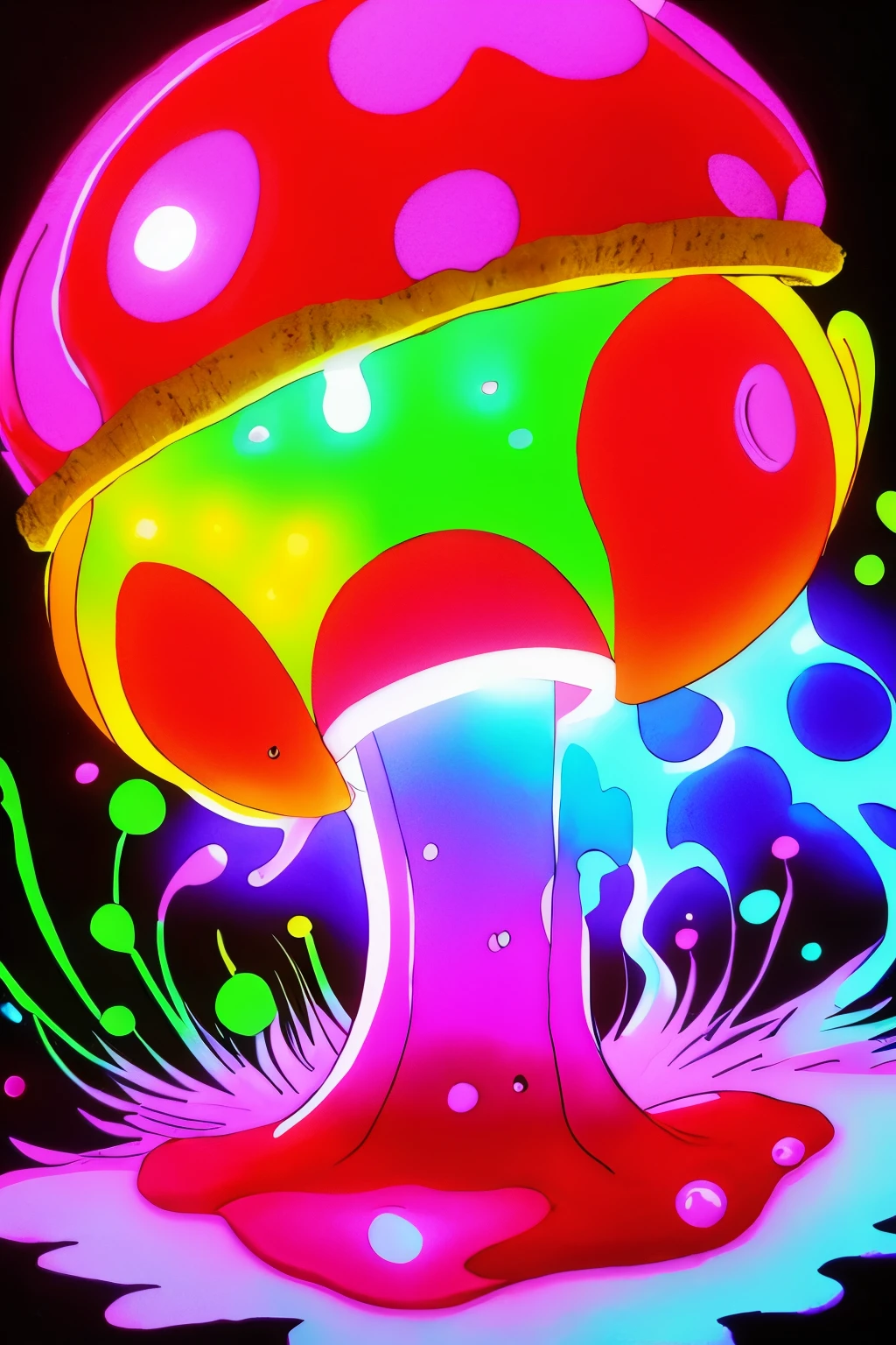 red mushroom warrior,luminous design, pastel colours, ink drips, summer lights