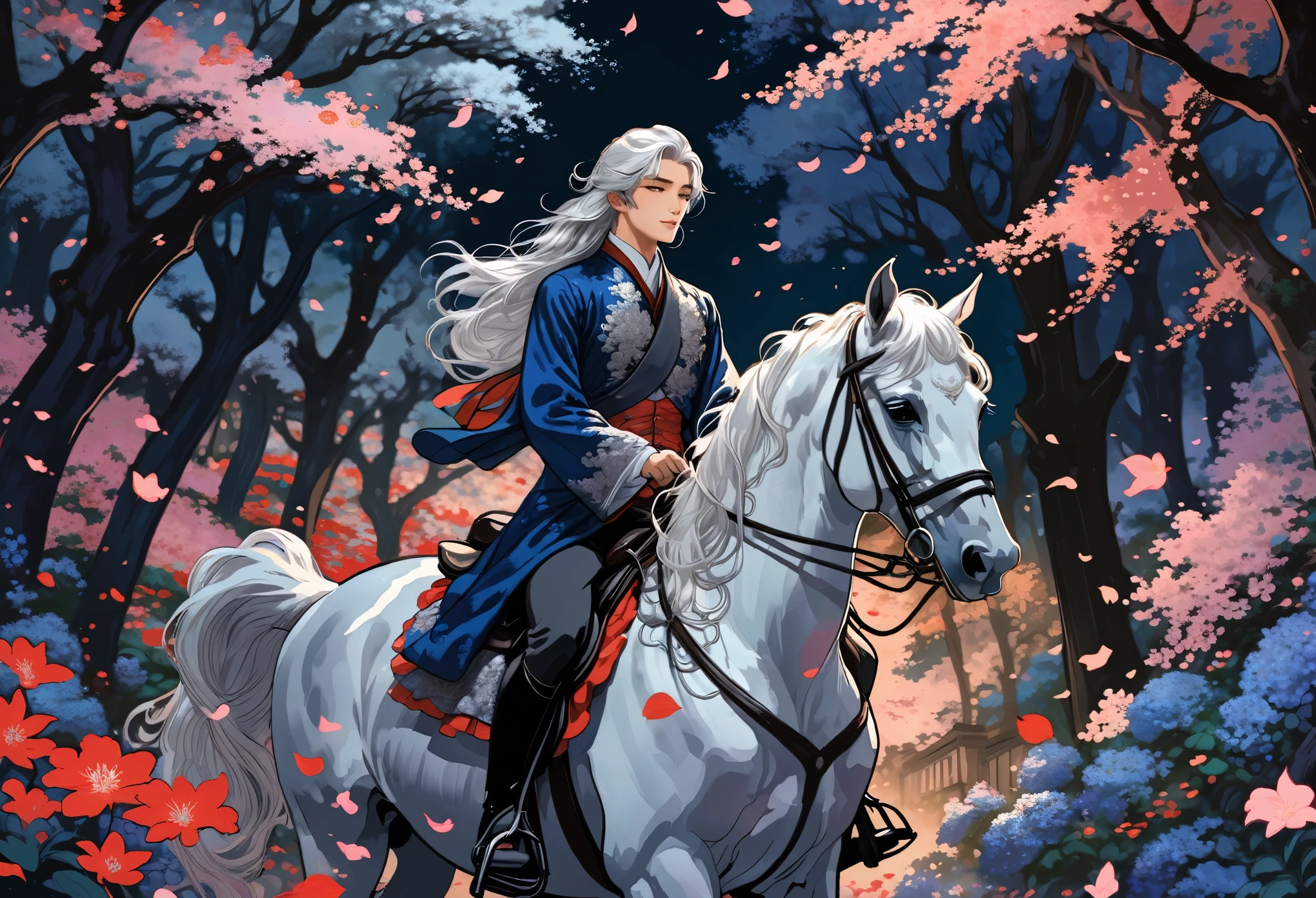 In the night, a long silver haired aristocrat riding a horse in a magical flowery forest, looking up to the trees, dynamic, falling petals and leaves, influenced by manhua aesthetics.