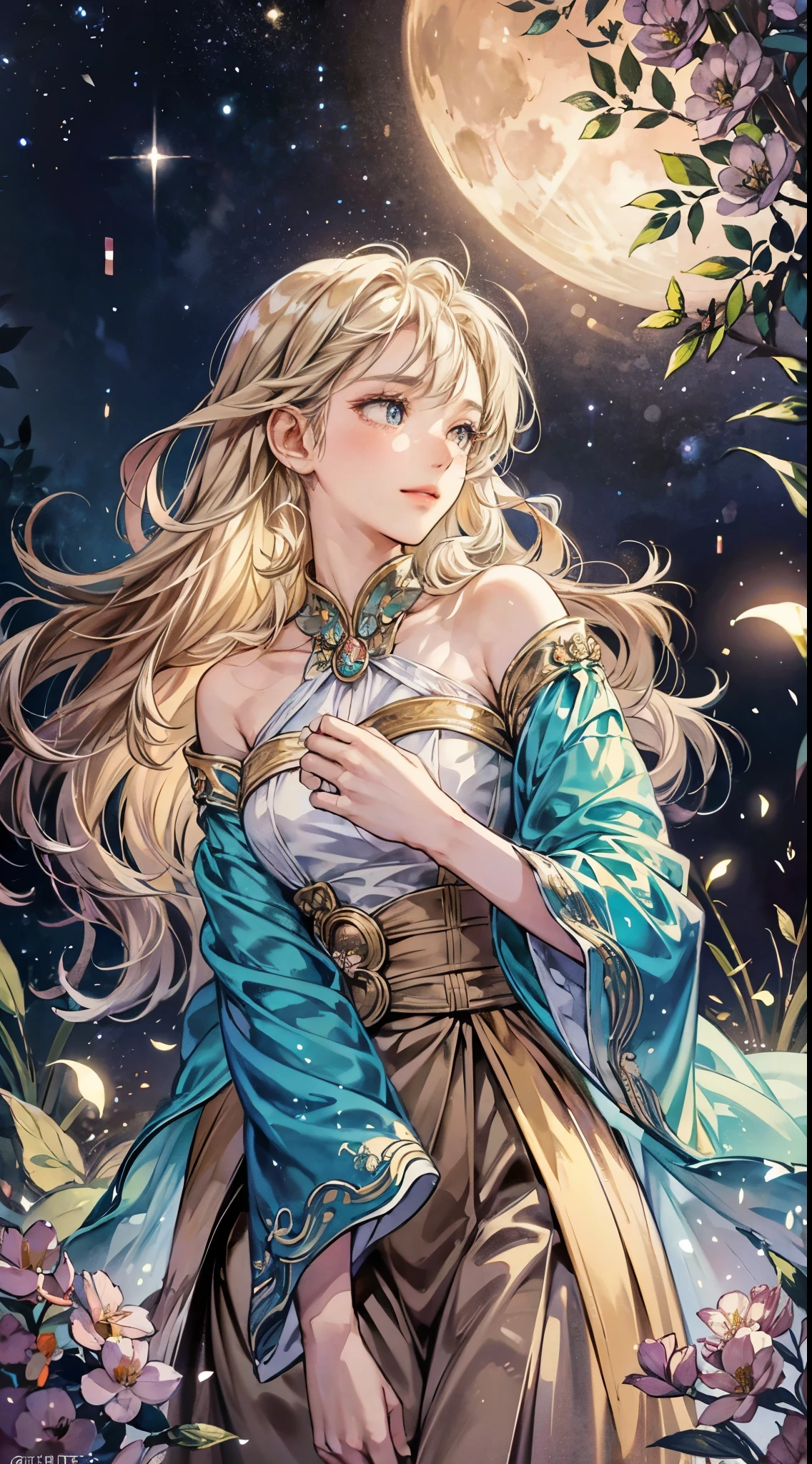 (best quality:1.2,masterpiece:1.2),1girl,beautiful detailed eyes,beautiful detailed lips,extremely detailed eyes and face,long eyelashes,wavy golden hair,ethereal beauty,heavenly aura,graceful posture,majestic attire,soft and flowing fabrics,glowing halo,serene expressions,natural makeup,gentle smile,delicate features,subtle aura of power,celestial charm,enchanted garden,celestial flowers,blooming with vibrant colors,twinkling stars in the background,twilight sky,soft moonlight illuminating the scene,whispering leaves,scent of blooming flowers in the air,harmonious melodies filling the air,magical ambiance,mystical energy permeating the surroundings,Welcoming and radiant moon glistening,Goddess of the moon granting blessings