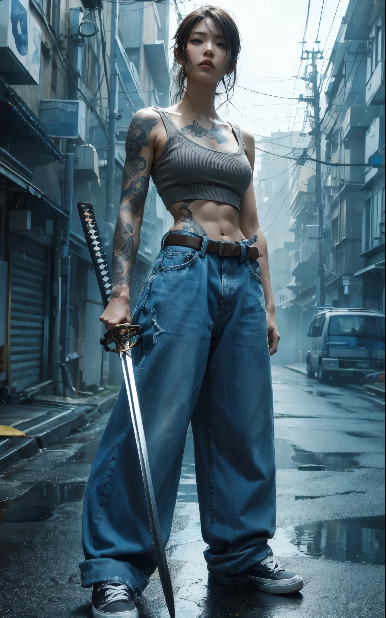 8k,Realistic Skin Texture、Superrealism、Realistic Photo、Japanese women、、Standing with a Japan sword、draw oneself up to one's full height.、The tip of the sword is pointed towards me、Tank top,Oversized jeans、sneakers、Shinjuku Back Alley、Innovative composition、Full body photo、、A wistful look、Tattoo、rain