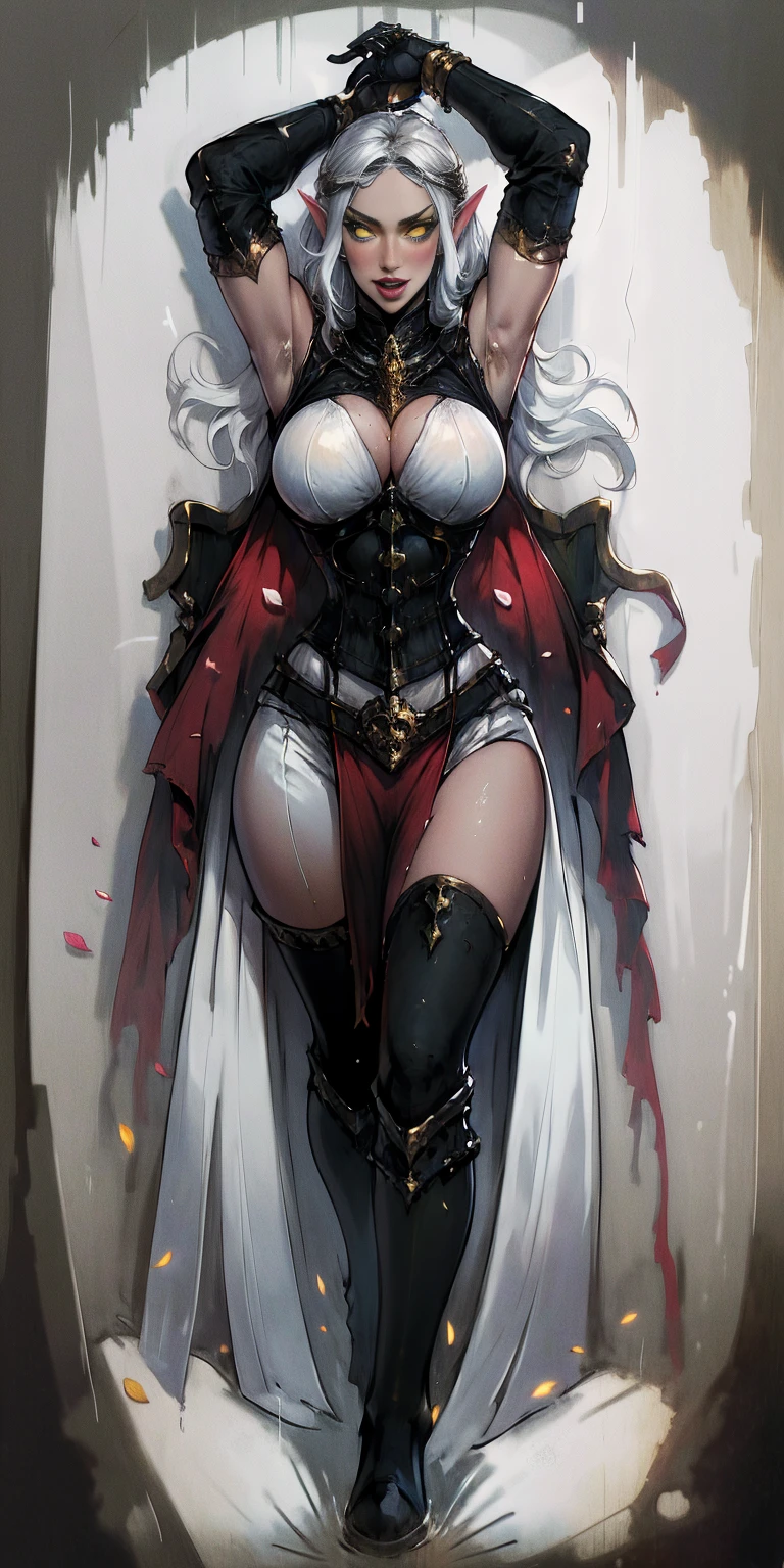 (((masterpiece,high resolution,best quality))), 1girl, solo,wine bottle,bare legs, large breasts, lying, on back, petals, looking at viewer, armpits, open mouth, solo, blush, wet clothes, heart, arms up, wet, bed sheet, origin, 1girl, red cape, boots, gloves, epaulettes, black corset, corset, black gloves, :d, black skirt, Pirotess, (yellow eyes), white hair, silver hair, very long hair, straight hair, solo, adult woman, tall, slightly muscular, large breasted, cleavage, constricted waist, Toned body, slight abs, thin dark skin, pointy ears, lipstick, makeup, black eyeshadow, circlet, white short dress, jewelry, bracelet, white gloves, thigh boots