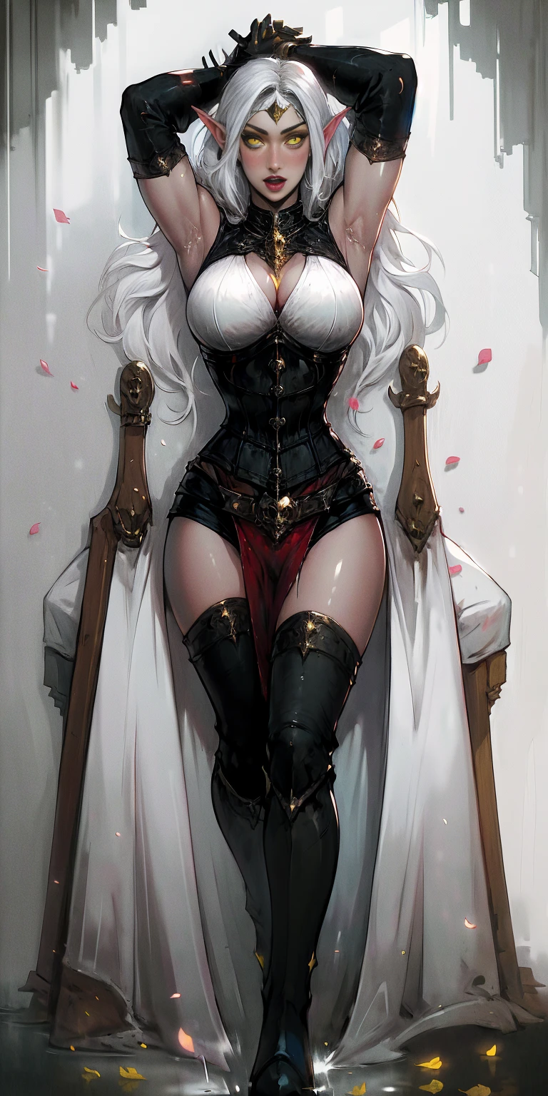 (((masterpiece,high resolution,best quality))), 1girl, solo,wine bottle,bare legs, large breasts, lying, on back, petals, looking at viewer, armpits, open mouth, solo, blush, wet clothes, heart, arms up, wet, bed sheet, origin, 1girl, red cape, boots, gloves, epaulettes, black corset, corset, black gloves, :d, black skirt, Pirotess, (yellow eyes), white hair, silver hair, very long hair, straight hair, solo, adult woman, tall, slightly muscular, large breasted, cleavage, constricted waist, Toned body, slight abs, thin dark skin, pointy ears, lipstick, makeup, black eyeshadow, circlet, white short dress, jewelry, bracelet, white gloves, thigh boots