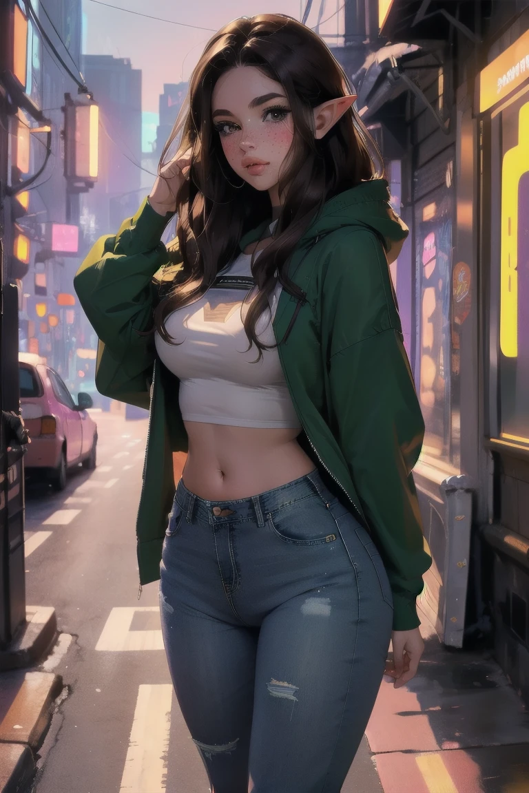 (elf girl), master piece, blushing, freckles, wide hips, slim waist, thick thighs, masterpiece, best quality, sfw, mature 36 year old woman, brown hair, moist face, wavy hair, mouth open, shiny. lips, beutiful round eyes, cyberpunk background, Waist high jeans, tight jeans, tall skyscraper background, bladerunner background, large hoodie, thick hoodie