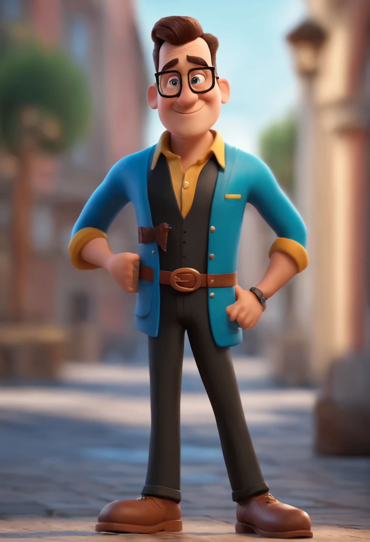 Cartoon character of a man in black glasses and blue shirt, um personagem animado, Caractere estilizado, animation style rendering, 3D estilizado, Arnold Maya rendering, Stylized 3D rendering, toon render screenshot, Personagem 3D, Personagem 3D, Stylized 3D rendering, 3D character rendering, personagem de desenho animado, Personagem de close up, Pose de personagem, (Estilo Pixar) (parte mestre:1.2) (Bokeh) (melhor qualidade) (pele detalhada) (textura detalhada) (8K) (argila) (cinematic lighting) (sharp focus,Senta e vaza a parte superior do corpo