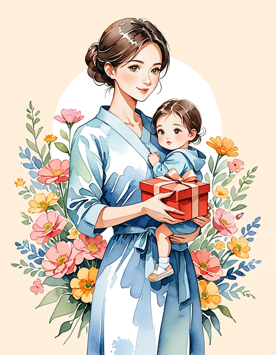 vector, clip art style, cute mother with daughter holding a gift box in his hands, cartoon illustration, watercolor, simple background， In a full growth of flowers and gifts. It's Mother's Day. Vector graphics, minimalism, --ar 3:4