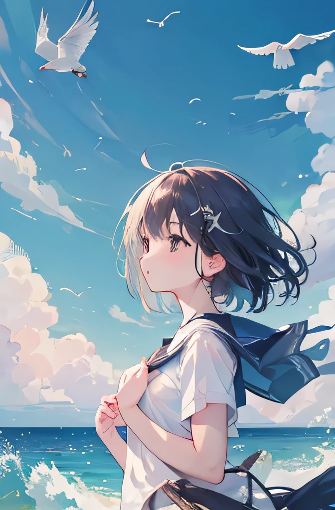 Put your hands on your chest,Small Breasts,White shirt,The sea breeze brushes the hair,Seagulls circling and flying,Emerge from the sea