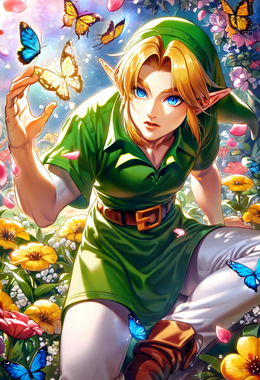 (absurdres, highres, ultra detailed, HDR) master piece, best quality, perfect face, delicated features, Link, blonde hair, expressive blue eyes, the legend of zelda ocarina of time, solo, sexy man, handsome, green tunic, green hat, white pants, sitting, magical, petals, flowers, butterflies