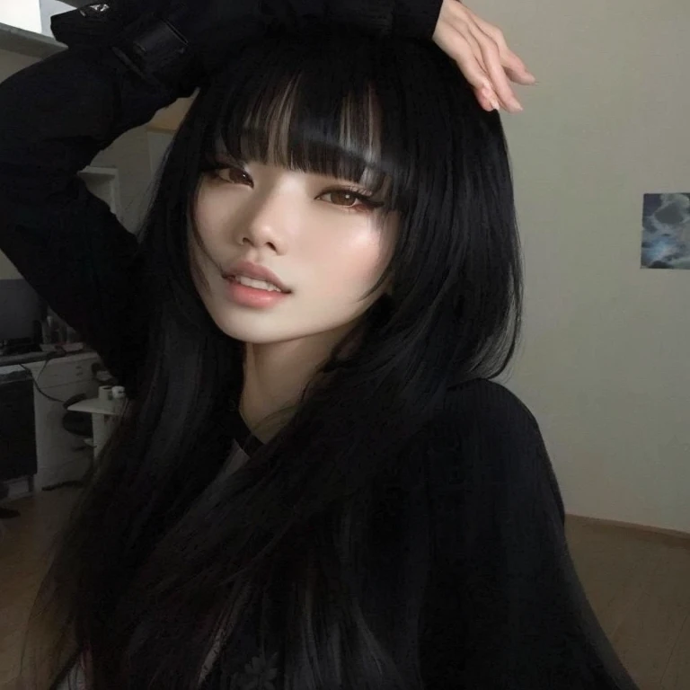 Shaggy Asian woman with long black hair and bangs posing for a photo, she has black hair Com franja,  coreana, Ulzzang, cruel korean goth girl, Com franja, long black hair Com franja, com franja completa, franja longa e reta, neat hair Com franja, long dark hair Com franja, corte de cabelo preto hime, long hair Com franja