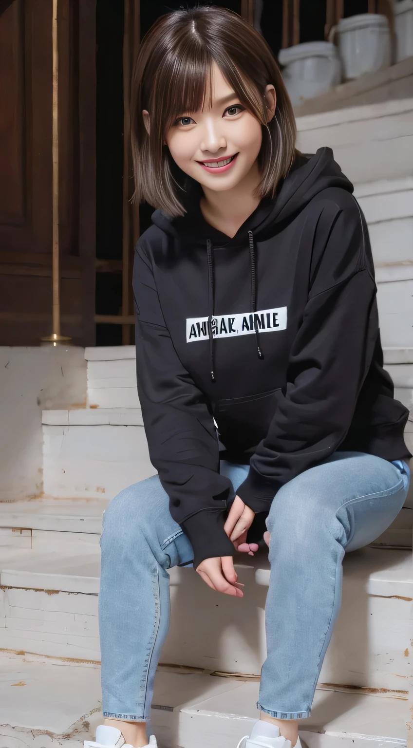 highest quality, Realistic, Very detailed, Finer details, High resolution, 8k wallpaper, One beautiful woman,Sit on the stairs、(Wear black socks)smile、(Beautiful teeth alignment、)(Gums are visible) Oversized hoodie, Skinny jeans,( Black sneakers)、Black Hair、 Beautiful Bangs、ear piercing、Perfect dynamic composition, Beautiful and detailed, Full Body Shot, A big smile brown hair