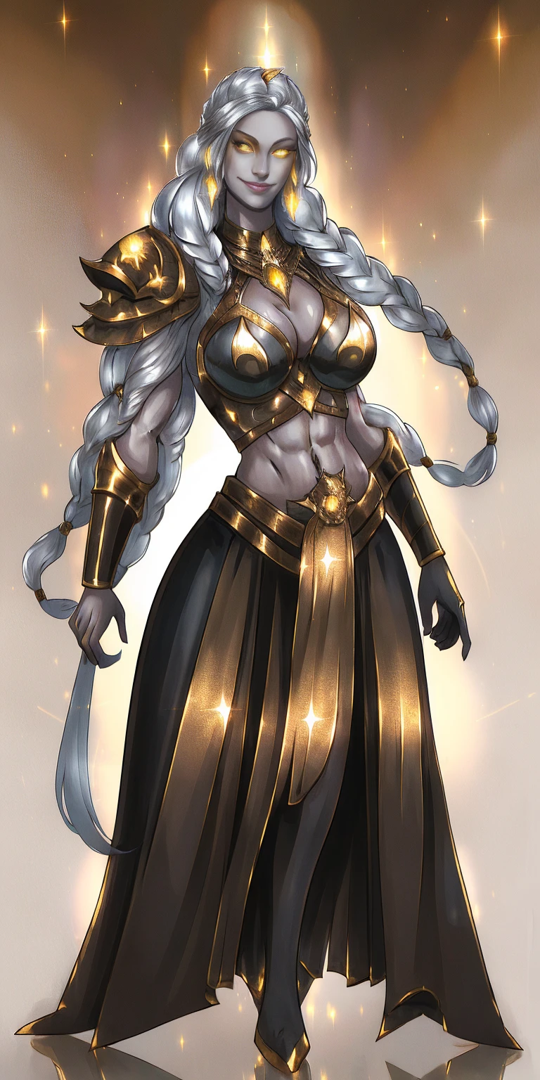 1girl full body standing, nice ass, hairstyle with a braid, white colored hair, yellow eyes, perfect lighting, muscular, thighs, Mature woman, mummy, bellybutton, Abs, looks at the viewer (Masterpiece, hi quality:1.1) smile, extremely huge breasts, Maternal, porcelain skin, extra very long hair, sparkly skin, good face, chest cover