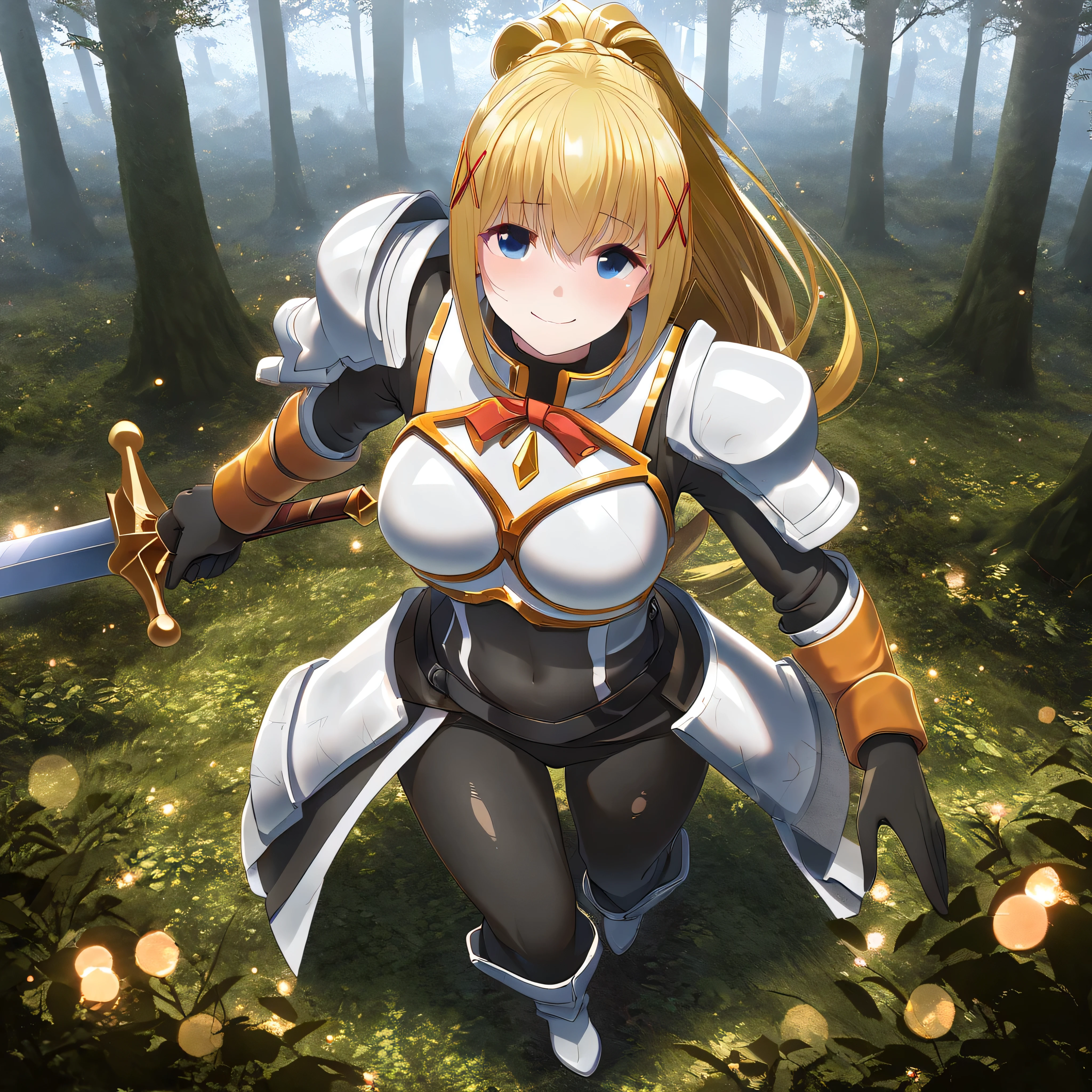 A woman wearing tight black clothing, white armor with orange details, blonde hair, ponytail hair, blue eyes, smiling, holding a medieval sword,walking in a fantasy forest.,full body, stereogram, tachi-e, point of view, atmospheric perspective, 8k, superdetail, accurate, best quality, award-winning, textured skin, high resolution, anatomically correct, bokeh effect, ((woman solo).
