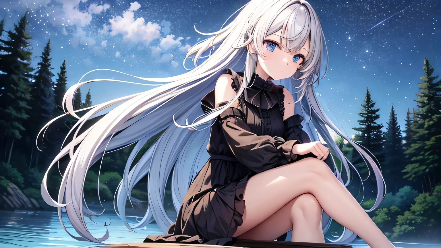 Very dark night, Stars in the sky, There is a very narrow and rough river nearby., Dark shrub forest, A cute anime girl is sitting on the river bank in the distance, Hold her feet., One character, Girls have long white hair , blue eyes, Anime girl dressed in white, There is a small hole in the clothing, Dirty clothes, Anime girl stares thoughtfully, I raised my head to the sky, girl looks up at the stars.