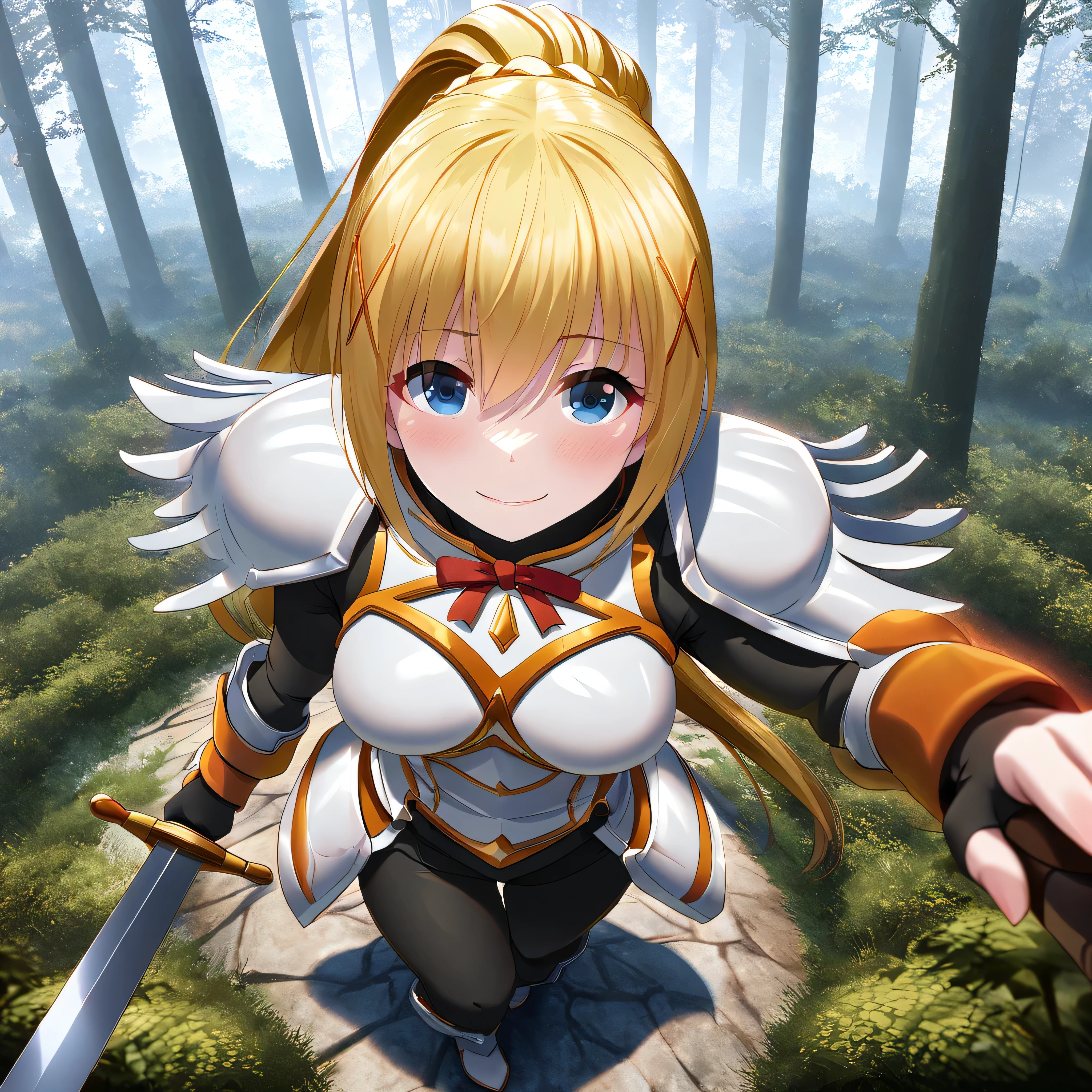 A woman wearing tight black clothing, white armor with orange details, blonde hair, ponytail hair, blue eyes, smiling, holding a medieval sword,walking in a fantasy forest.,full body, stereogram, tachi-e, point of view, atmospheric perspective, 8k, superdetail, accurate, best quality, award-winning, textured skin, high resolution, anatomically correct, bokeh effect, ((woman solo).
