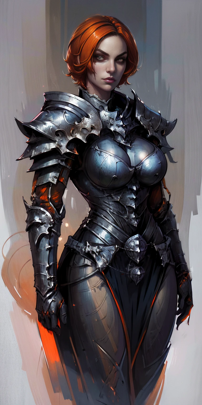 funger, very detailed illustration, 1girl, big breasts, high res high quality, masterpiece, looking at viewer (knight) orange hair, absurdness, ultra detailed, short hair