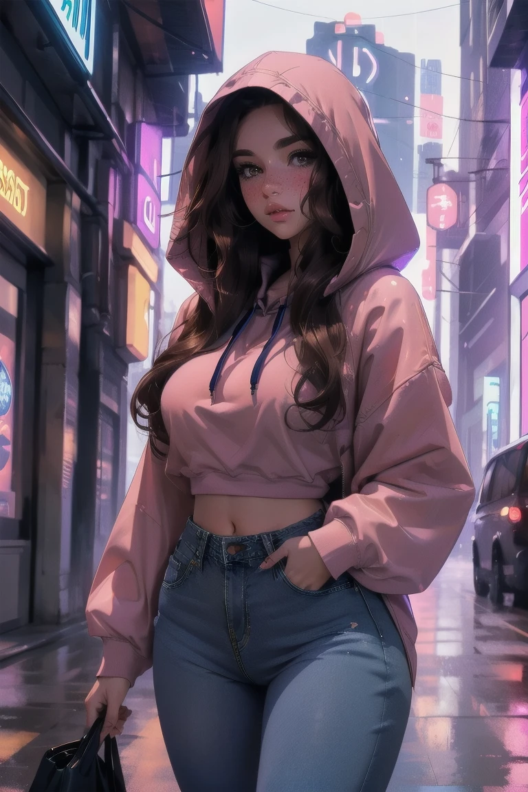 (elf girl), master piece, blushing, freckles, wide hips, slim waist, thick thighs, masterpiece, best quality, sfw, mature 36 year old woman, brown hair, moist face, wavy hair, mouth open, shiny. lips, beutiful round eyes, cyberpunk background, Waist high jeans, tight jeans, tall skyscraper background, bladerunner background, large hoodie, thick hoodie, Beautiful face, perfect face, deep eyes