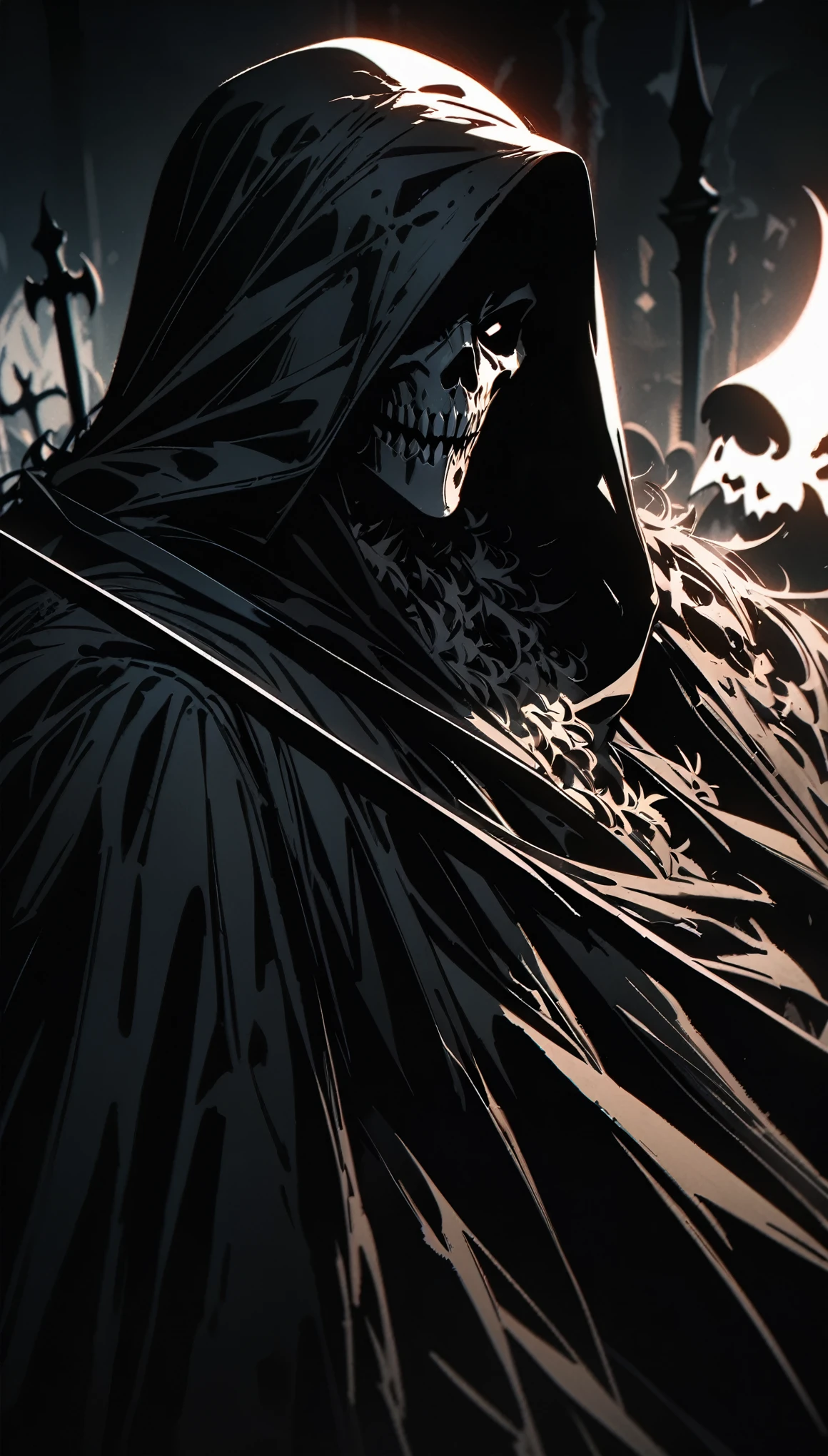 (high quality, 8k, 4K, High detail, High Contrast, masterpiece:1.2, 最high quality, Best aesthetics), ((Black, Strange Grim Reaper)), Dark Color Palette, Black Death, Insufficient lighting, Devil's Drug, Magic circle and tapestry hanging on the wall, Summoned Grim Reaper, Hooded, Clown costume, with a scythe, black magic, roar, Overflowing energy, Black Death:1.2, Impressive fantasy art, Random Pause, Dutch Angle, Dilapidated Western-style building background, Ultra-fine Illustration.