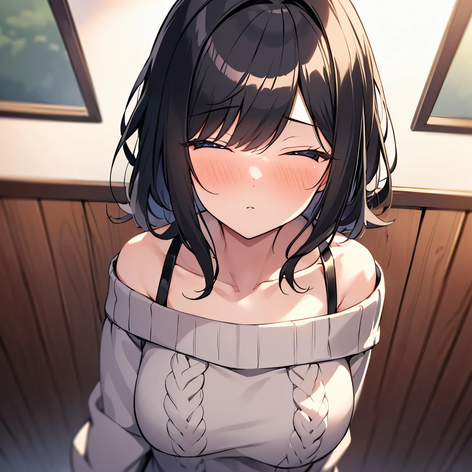 Masterpiece, Top quality,1 beautiful girl, solo, 1girl and 1 boy, kabedon pov :1.1, black hair, short hair, wave hair,15 year old, medium breasts, standard weight,  (Off-the-shoulder sweater:1.3), blush :1.5, incoming kiss, blurry background, sunset, from above:1.3, close up of face:1.5,