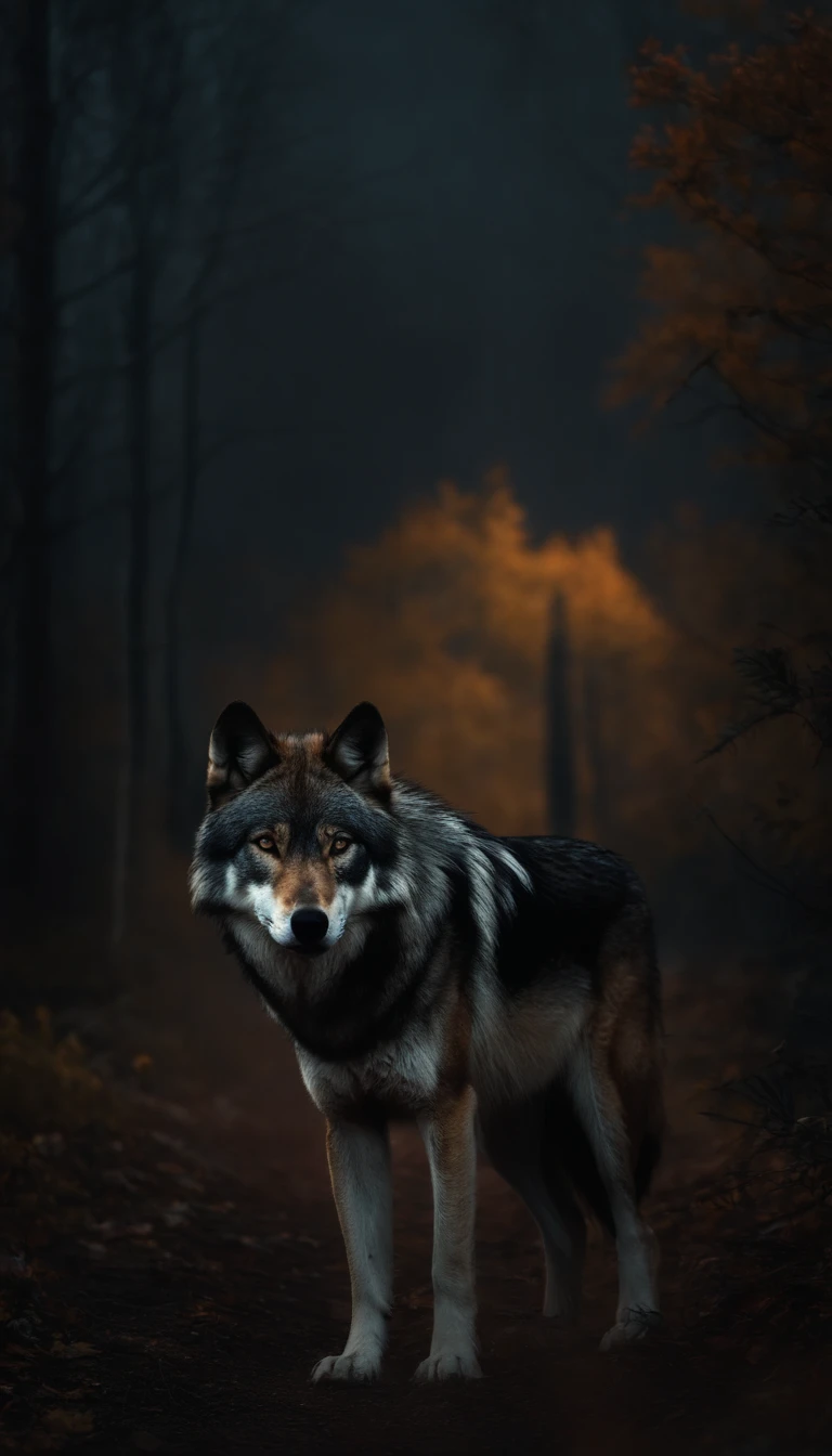 Un lobo al frente, Several wolves behind him, dark atmosphere, noche lluviosa