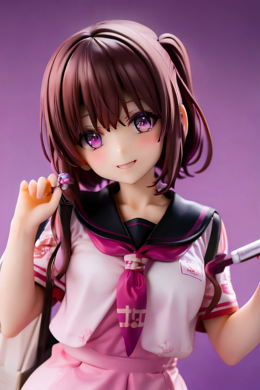 Rina Ii,Purple eyes,Brown hair,hair curler ,Smile with happiness,Japan ,Short sleeves,School/academy background