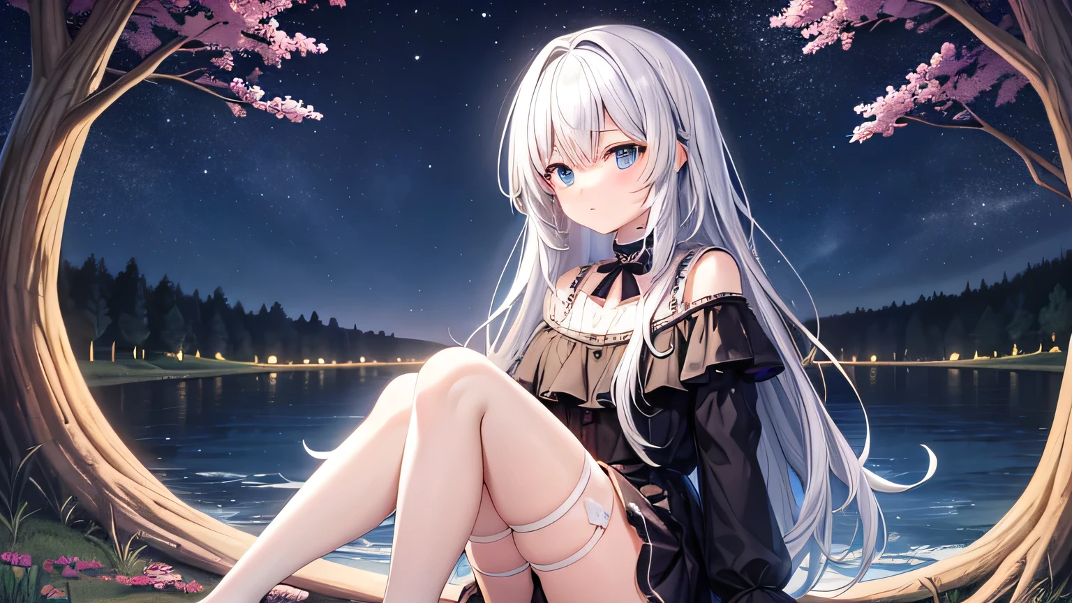 Very dark night, Stars in the sky, There is a very narrow and rough river nearby., Dark shrub forest, A cute anime girl is sitting on the river bank in the distance, Hold her feet., One character, Girls have long white hair , blue eyes, Anime girl dressed in white, There is a small hole in the clothing, Dirty clothes, Anime girl stares thoughtfully, I raised my head to the sky, girl looks up at the stars.