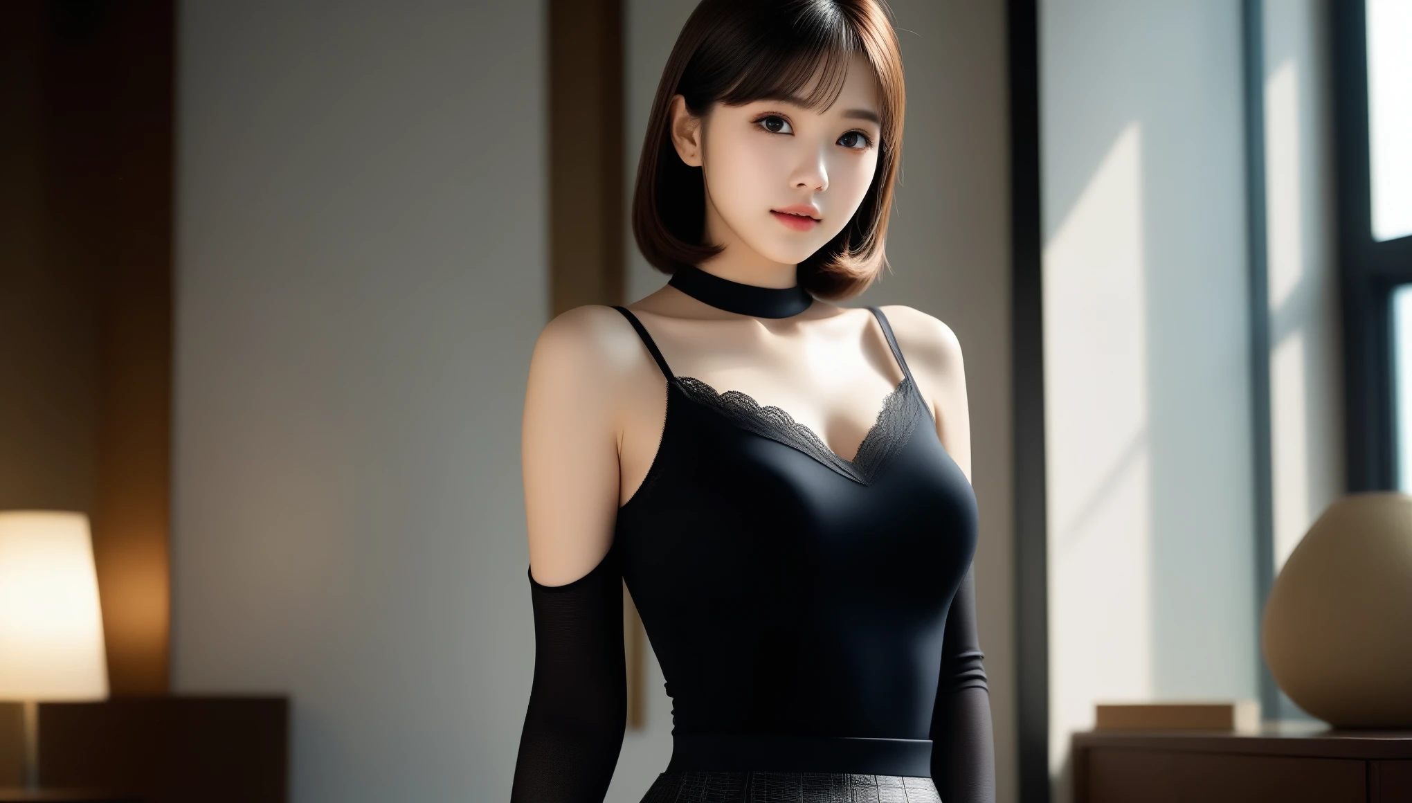 8k, Ultra-high resolution, highest quality, masterpiece, Surreal, photograph, 1 girl, (16 years old:1.3), pretty girl, Cute Face, Beautiful eyes in every detail, 細かくdetailedに,masterpiece,Japan Female Announcer,(Very delicate and beautiful:1.1), (Beautiful fine details:1.3), (Best illustrations:1.1), (highest quality:1.3), (Best Shadow:1.1),  detailed eyes, (detailed_Light:1.1), (Tabletop:1.3), formal_Art Book, Ray Tracing, One Girl, alone (Pause & Performance:0) ,blackいペンシルスカート, Argyle_pantyhose, black_pantyhose, expensive_Heel, Shiny_hair, (small_chest:1.3), (background:0) (Text Reverse:0),Bob Cut Hair, ダイナミックなPause、 セクシーなPause、See through 、Looking at the audience、beauty,Long neck、Laugh a little、Please close your mouth and laugh、(((Ideal body type))),Aカップの小chest :2,、Portraiture:2、Perfect Anatomy、鮮明なdetailed、detailed、Surreal、Light and shadow,Strong light,Fashion magazine cover,Thin lips