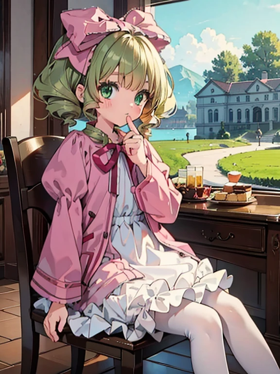 masterpiece, highest quality, Very detailed, 16k, Ultra-high resolution, Cowboy Shot, One 12-year-old girl, Detailed face, Perfect Fingers, hair bow, ribbon, drill hair, green eyes, short hair, pink dress,white bloomers, white pantyhose, hinaichigo, Western-style building, table, Sit on a chair, Eat cake