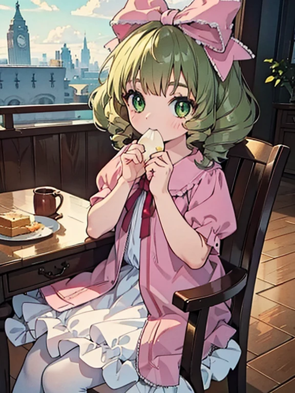 masterpiece, highest quality, Very detailed, 16k, Ultra-high resolution, Cowboy Shot, One 12-year-old girl, Detailed face, Perfect Fingers, hair bow, ribbon, drill hair, green eyes, short hair, pink dress,white bloomers, white pantyhose, hinaichigo, Western-style building, table, Sit on a chair, Eat cake