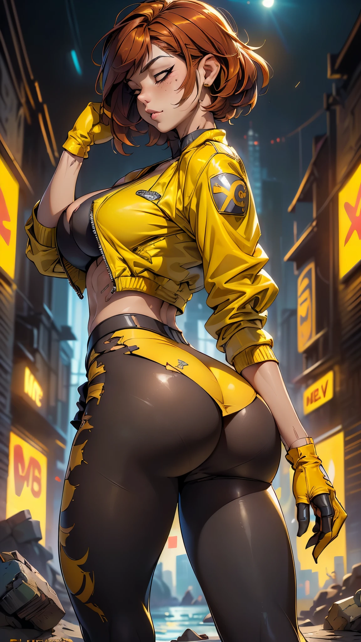 (rear view, backside view),score_9, score_8_up, score_7_up, Rogue from X-Men , beautiful girl,,(Fondo de ruinas de mazmorra en ruinas:1.4 ),(cabello largo negro :1.4), blush, perfect eyes, red hair with white bangs, flying in sky, half-closed eyes, hearts, seductive, green eyes, solo, nsfw, (tight torn yellow shirt:1.4) , (tight torn yellow pants:1.4) ,( yellow gloves_:1.4) , (exposed nippless__:1.4) ,( exposed vulvaa__:1.4) ,(bomber jacket with X-Men logo patch on one sleeve:1.4) , realistic, 18 year old, arms raised, ((nipslip)), body facing viewer , X-Men logo belt buckle, (Fondo ciudad destroyed apocalypse fantasy:1.4), (Obra maestra: 1.4), (8K, realista, foto cruda, La mejor calidad: 1.4),,(Fondo de ruinas de mazmorra en ruinas cyberpunk :1.4 ), (miniskirt yellow rasgados :1.4),( no mutaciones), (face detailed :1.4), (medias red negro /pantys:1.4),(perfect anatomy:1.4 ), (leggings yellow :1.4), (no text), (rear view, backside view),( culo hermoso), (fondo piedras grandes cueva caverna :1.4),( dedos hermosos detailed :1.4), (rear view, backside view),(pantyhose mate:1.4), (mini skirt yellow :1.4), (guarra, erotica, sugerente) ,(no Mutaciones)