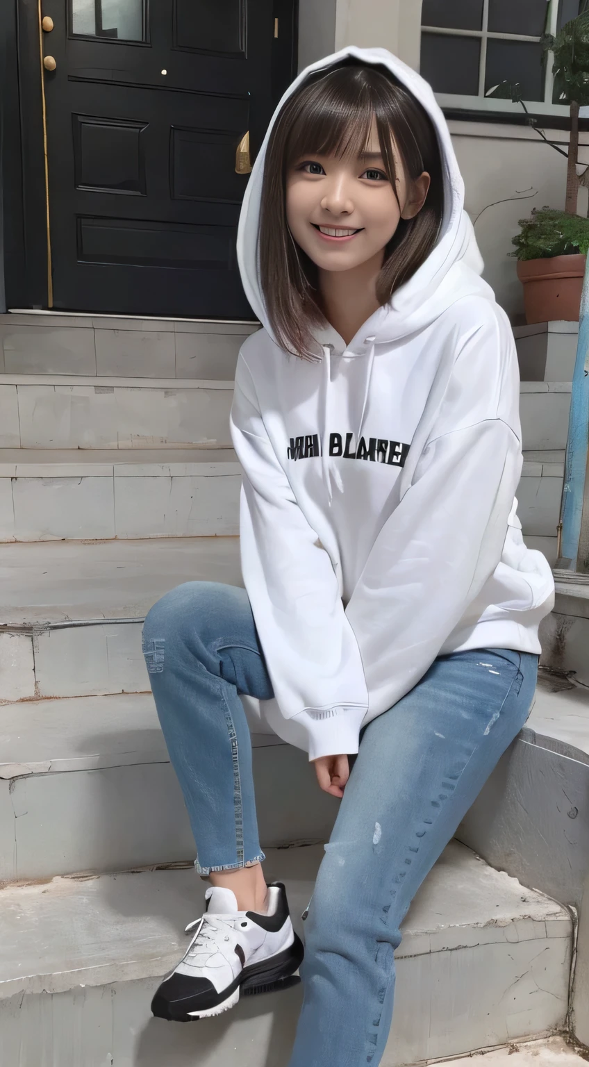 highest quality, Realistic, Very detailed, Finer details, High resolution, 8k wallpaper, One beautiful woman,Sit on the stairs、（Wear black socks）smile、（Beautiful teeth alignment、）（Gums are visible） Oversized hoodie, Skinny jeans,（ Black sneakers）、Black Hair、 Beautiful Bangs、ear piercing、Perfect dynamic composition, Beautiful and detailed, Full Body Shot, A big smile
