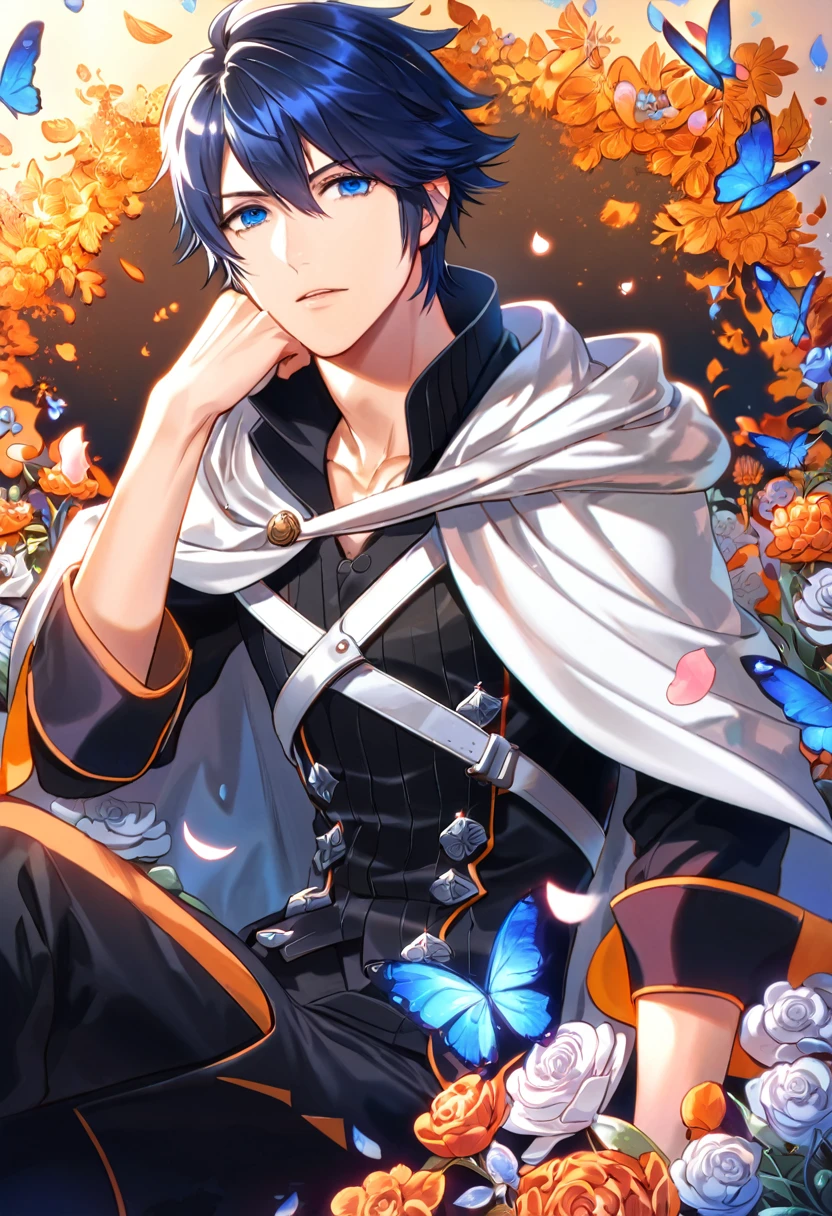 (absurdres, highres, ultra detailed, HDR) master piece, best quality, perfect face, delicated features, Chrom, dark blue hair, expressive blue eyes, fire emblem awakening, solo, sexy man, handsome, black clothes, white cape, black pants, sitting, magical, petals, flowers, butterflies